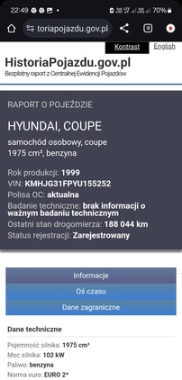 Hyundai Coupe cena 3999 przebieg: 188000, rok produkcji 1999 z Szczecin małe 781